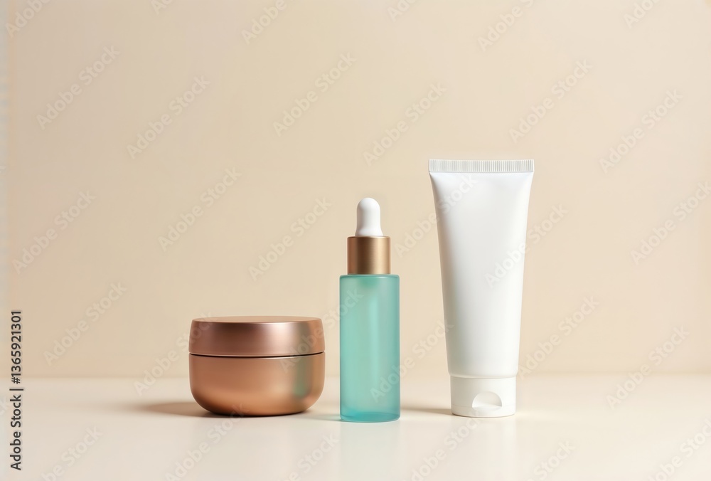 Set of beige cosmetic tubes. Beige and white cosmetic tubes, jars and dropper bottle for skincare on beige background.