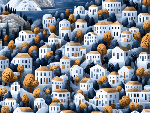 Coastal Village Serenity: A quaint, charming coastal village nestled amidst lush greenery with white houses and golden roofs.