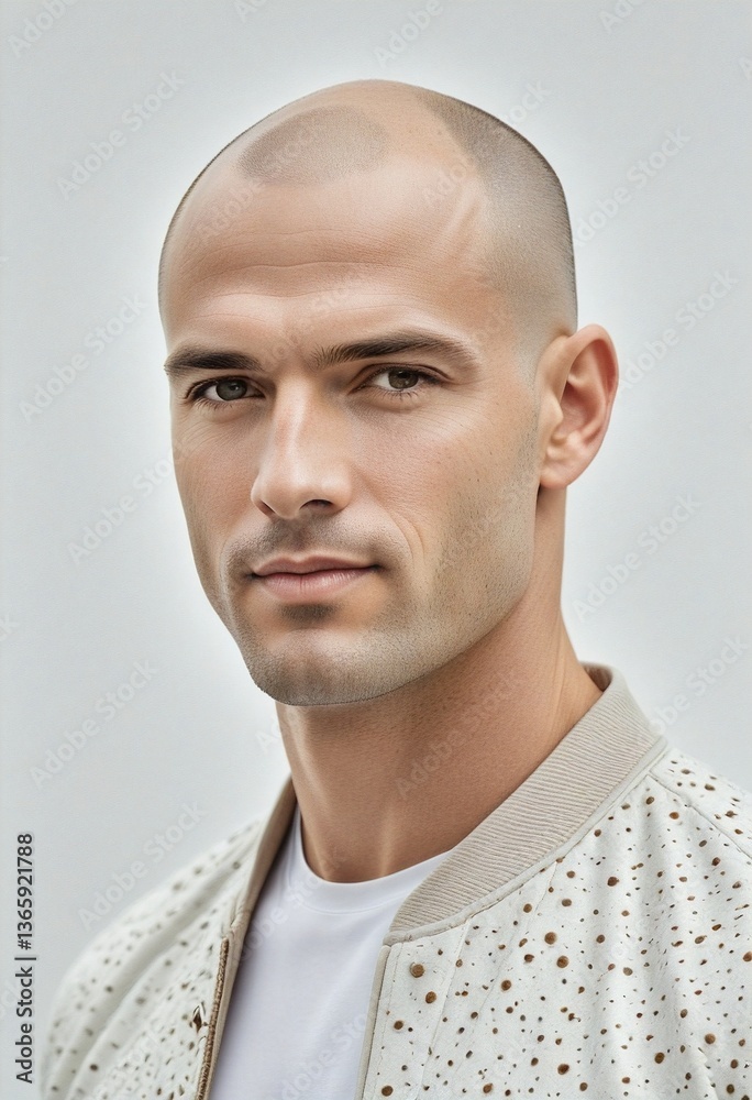 Fototapeta premium High-resolution portrait of a contemporary Austrian bald male against a minimalist backdrop
