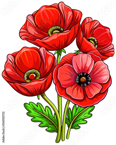 Classic Red Poppies Flowers in Transparent Background