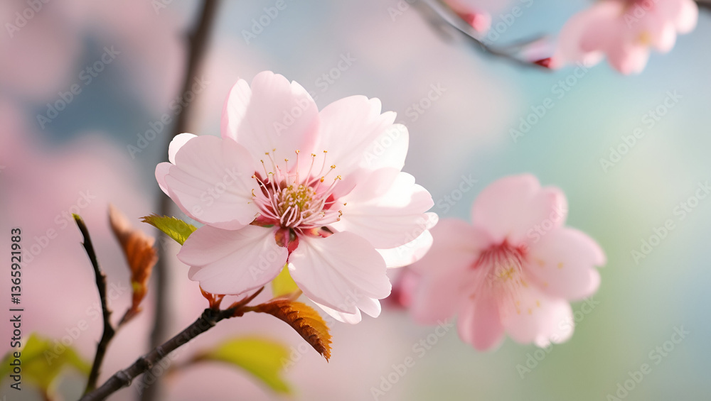 Fototapeta premium stunning Sakura cherry blossom scene, with pink flowers blooming under clear spring skies, capturing the essence of nature’s rebirth.