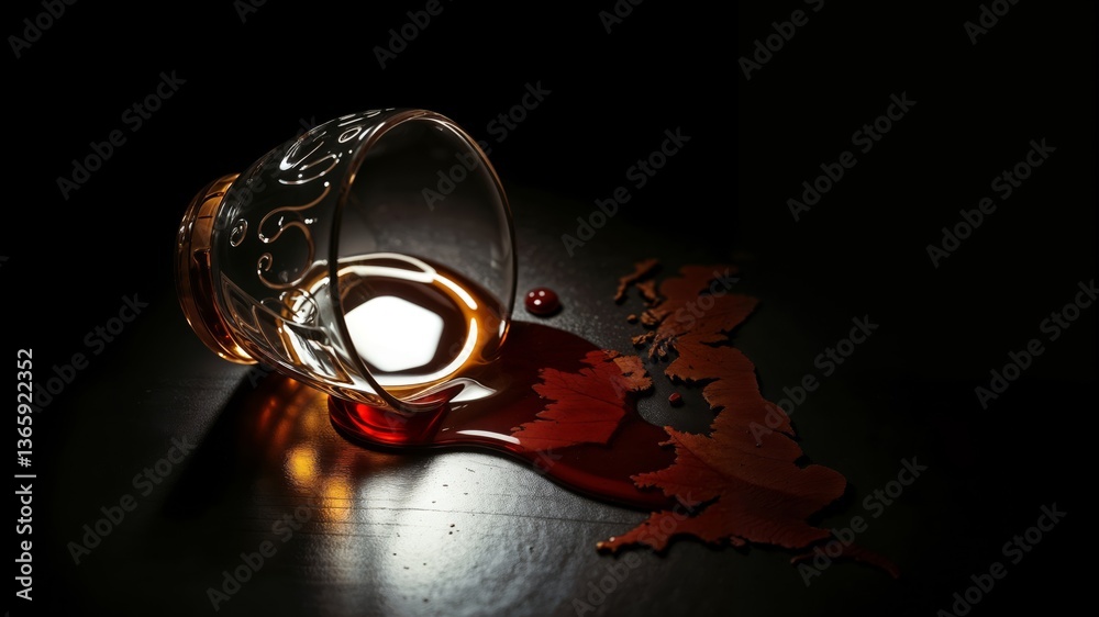 Whiskey Map Artistry. Ornate whiskey glass tilted over a deep red and amber liquid map, creating a dramatic artistic representation of a geographical region.