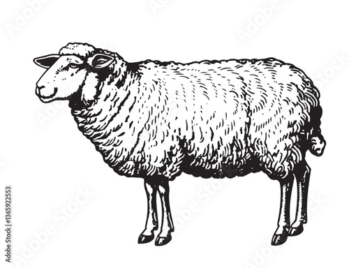 standing sheep in sketch style. Wool, lamb symbol. Farm animal vintage vector illustration