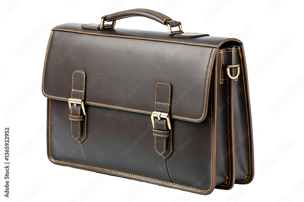 Leather briefcase with double buckle closure and top handle. Leather briefcase with double buckle closure and top handle.