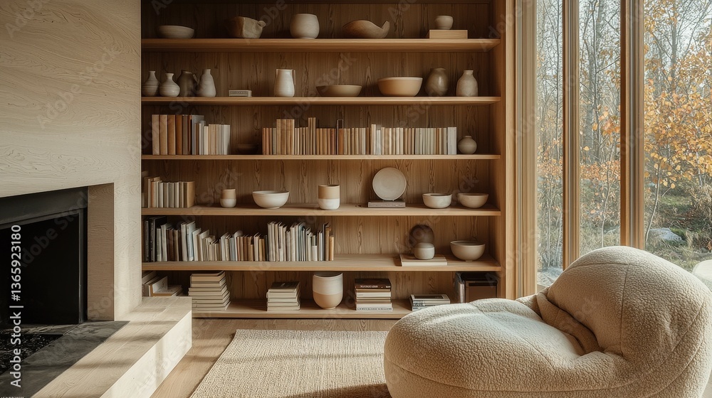 Fototapeta premium Cozy autumn living room with plush armchair, bookshelves, and large windows