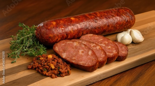 A traditional sliced chorizo sausage rests on a wooden cutting board, its rich reddish-brown exterior gleaming with a natural sheen.