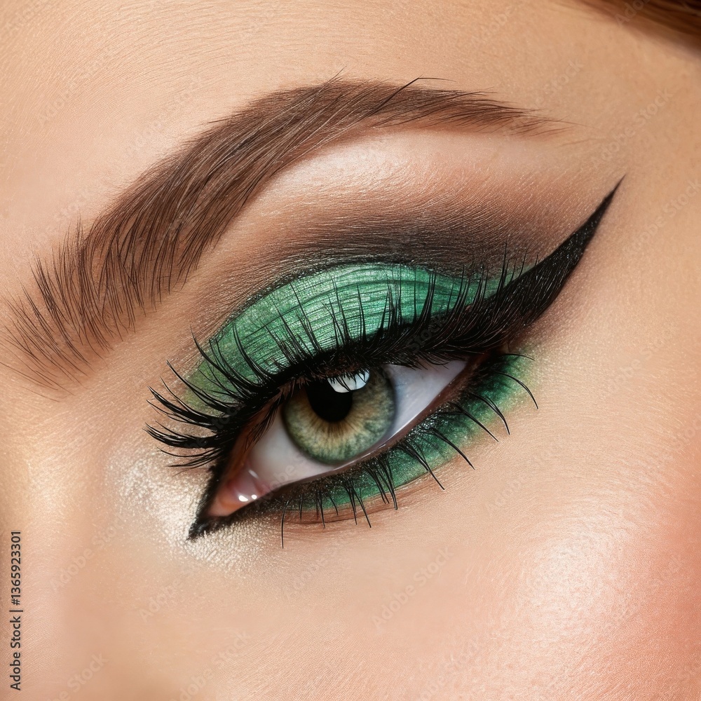 Eye makeup close-up. Detailed close-up of a woman's eye with green eyeliner and eyeshadow makeup.