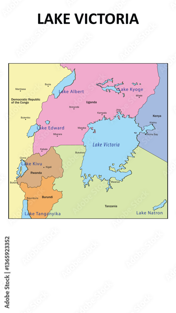 Obraz premium Lake Victoria Map. State and union territories of Lake Victoria with neighbouring countries. Political map of Lake Victoria with capital and important cities in Detailed.