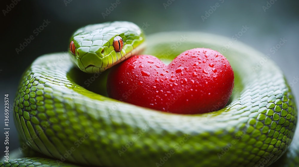 Obraz premium A Green Snake Coiling Around a Heart, Symbolizing Love and Temptation
