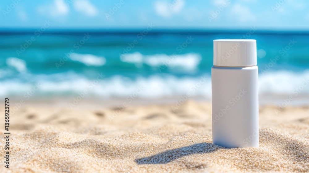 Sunscreen bottle on sandy beach summer protection Sunscreen bottle on sandy beach summer protection