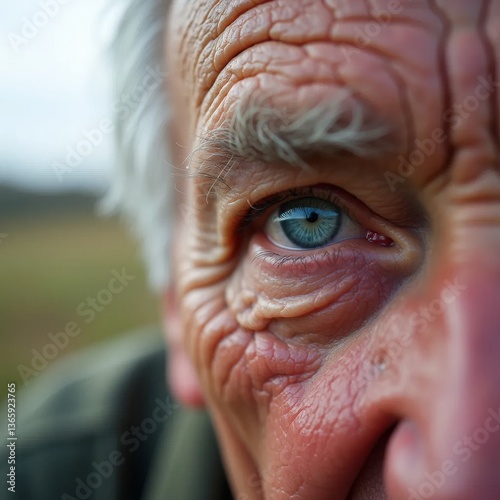 Obraz na płótnie Aged Wisdom Eye. Ultra-detailed close-up of an elderly person's blue eye with deeply textured, wrinkled skin surrounding it. w salonie