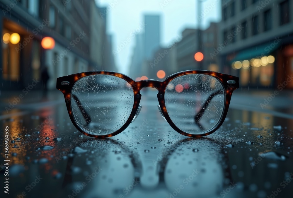Rainy Urban Street Eyewear. Tortoiseshell glasses with water droplets sit on wet city street with blurred urban lights and buildings in background during rainy evening.