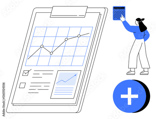 Clipboard with data graph, checklist, and growth chart, woman using calculator, and large plus sign. Ideal for business, analytics, finance productivity planning success teamwork. Flat simple