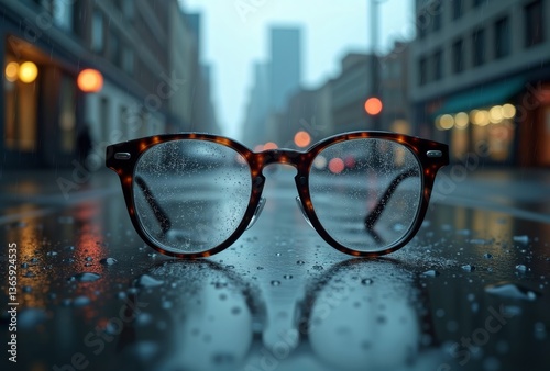 Obraz na płótnie Rainy Urban Street Eyewear. Tortoiseshell glasses with water droplets sit on wet city street with blurred urban lights and buildings in background during rainy evening. w salonie