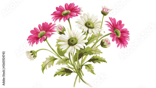 a vibrant bouquet of pink and white daisies with green leaves. They are arranged in a beautiful floral pattern