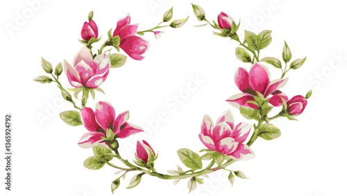 a floral wreath of pink magnolia flowers and buds, with green leaves gracefully arranged in a circular shape. A charming design for various occasions and themes
