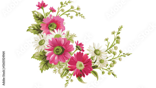 A floral arrangement features a cluster of pink and white daisies and a variety of other wildflowers