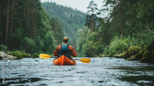 Wallpaper Mural man canoeing through whitewater river in mountain forest, ideal for adventure travel promotions, outdoor sports advertising, and nature exploration themes Torontodigital.ca