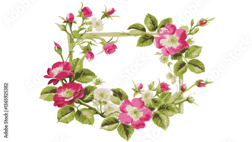 an attractive arrangement of pink rose, buds, and leaves and blooms