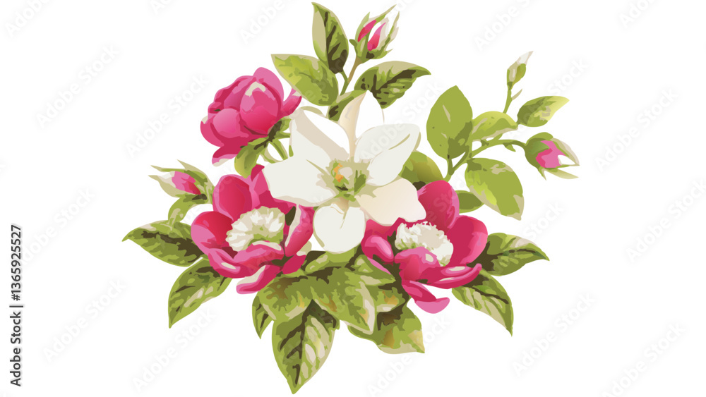 Obraz premium a colorful floral bouquet with pink and white blooms and vibrant green foliage. The flowers exude elegance and beauty. The flowers are arranged in a stylish cluster.