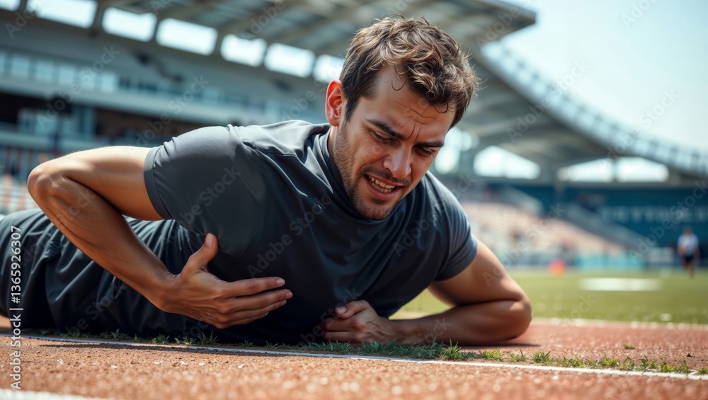 Man exhausted after running. A tired man is lying on the running track holding his chest after exercising outdoors.