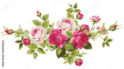 a beautiful cluster of pink and white roses with delicate green leaves and buds