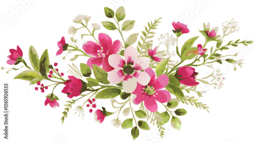 a stunning floral arrangement with pink and white flowers. Green leaves and delicate berries add to its beauty