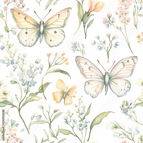 Wallpaper Mural Pastel Butterfly Meadow: Delicate watercolor butterflies flutter amidst a field of wildflowers in soft pastel hues, creating a serene and whimsical pattern. Torontodigital.ca