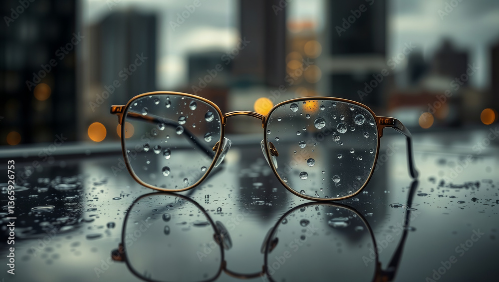 Eyeglasses on wet surface in rain. Eyeglasses are lying on a wet surface with raindrops, city buildings in the blurred background, rainy weather.