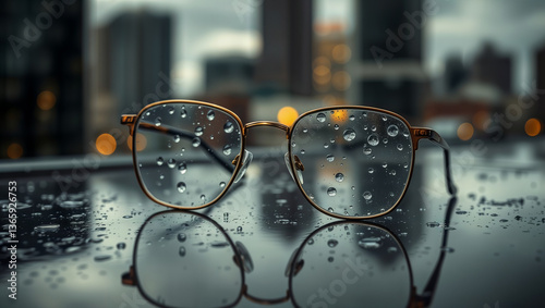Obraz na płótnie Eyeglasses on wet surface in rain. Eyeglasses are lying on a wet surface with raindrops, city buildings in the blurred background, rainy weather. w salonie