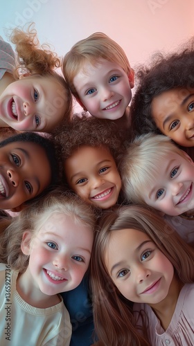 Diverse group of smiling young girls with vibrant hair colors against soft pink background