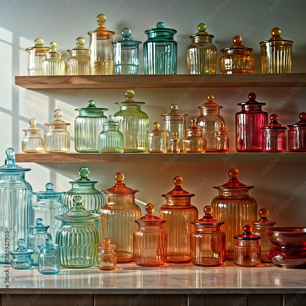 Vintage Glass Jar Collection. Artfully arranged antique glass jars in gradient colors displayed on wooden shelves, creating a harmonious vintage storage aesthetic.
