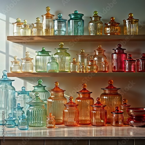 Obraz na płótnie Vintage Glass Jar Collection. Artfully arranged antique glass jars in gradient colors displayed on wooden shelves, creating a harmonious vintage storage aesthetic. w salonie