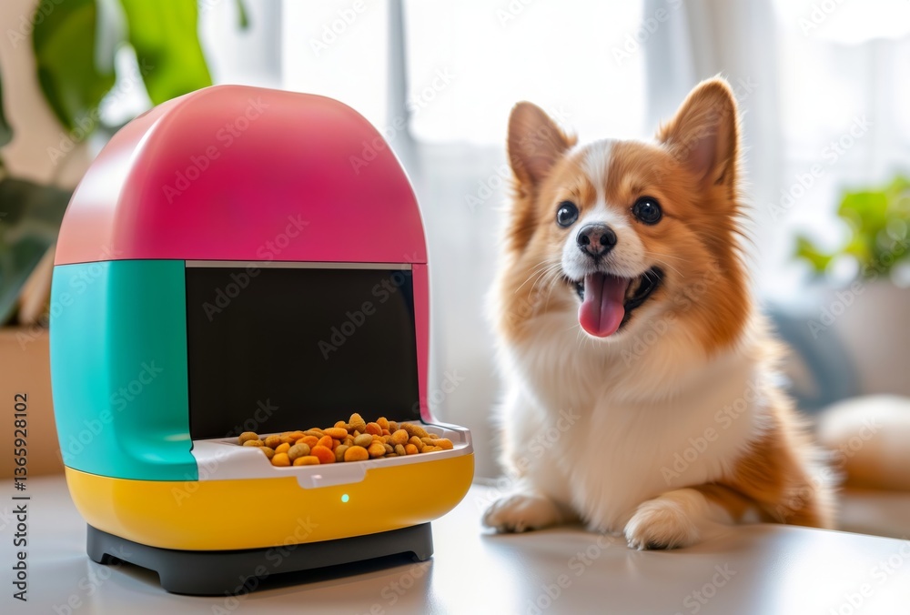 Smart Pet Feeder Setup. Colorful automatic pet food dispenser with cheerful Corgi dog sitting nearby, showcasing modern pet care technology.