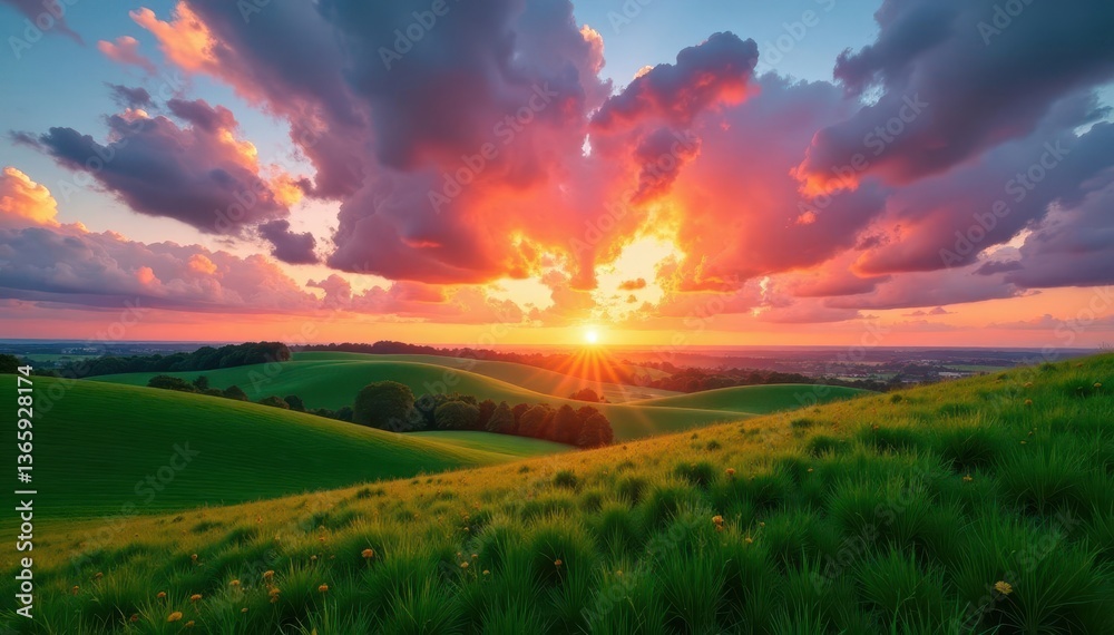 Obraz premium Fiery dusk sky, fluffy white clouds above rolling green fields , scene, texture