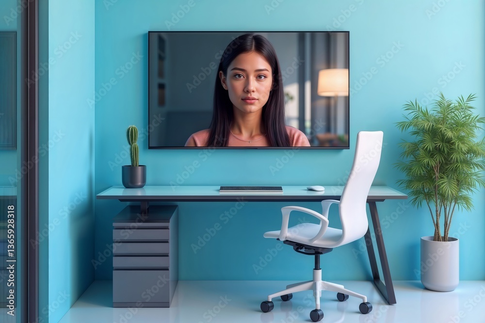 Woman in Online Meeting. Young Asian woman on a video call in a modern home office setting.