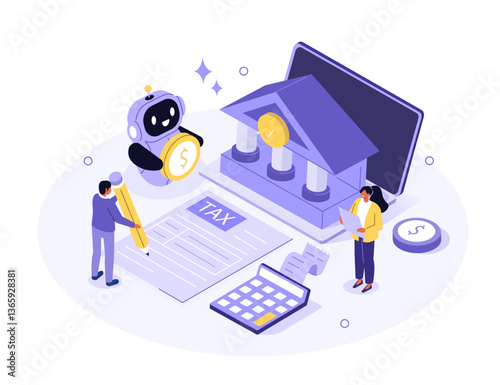AI technology in finance and accounting. Characters preparing automated tax return with artificial intelligence tools. Financial technology concept. Flat isometric vector illustration.
