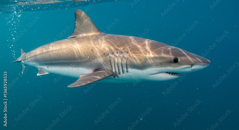 Majestic Great White Shark Floating Effortlessly in the Deep Blue Sea Majestic Great White Shark Floating Effortlessly in the Deep Blue Sea