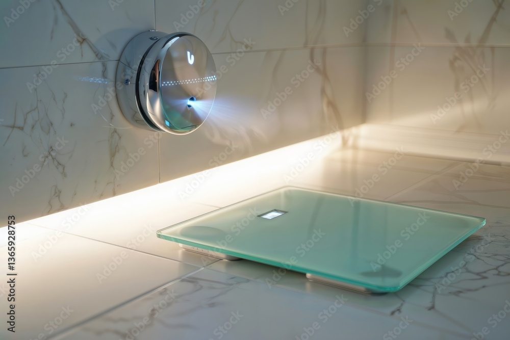 Smart Bathroom Scale. Futuristic digital weighing glass scale with illuminated circular wall device.