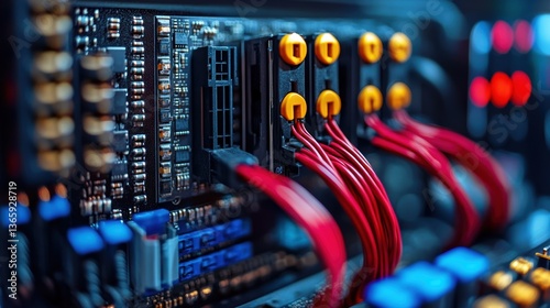 A close-up shot of the cables and connectors of a power supply unit for a desktop computer photo