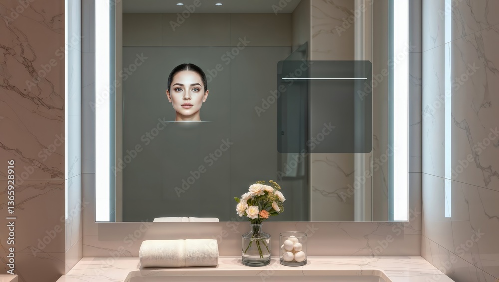 Smart bathroom mirror reflection. Modern illuminated mirror displays woman's face in stylish bathroom setting with flowers and towels.