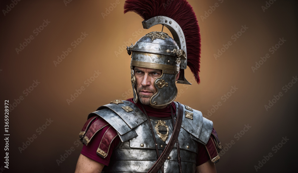 Roman centurion in detailed metal armor and a red-crested helmet, gazing intently into the distance