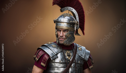 Obraz na płótnie Roman centurion in detailed metal armor and a red-crested helmet, gazing intently into the distance w salonie