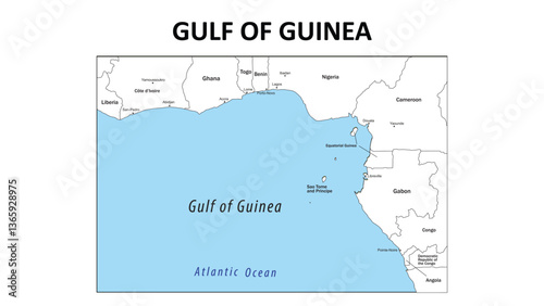 Gulf of Guinea Map. State map of Gulf of Guinea. Administrative map of Gulf of Guinea with state and capital in white color.