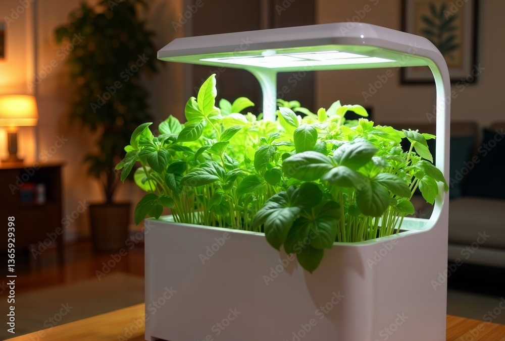 Indoor Herb Garden Grow Light. Compact white indoor gardening device with vibrant green basil plants under specialized grow lighting in a home setting.