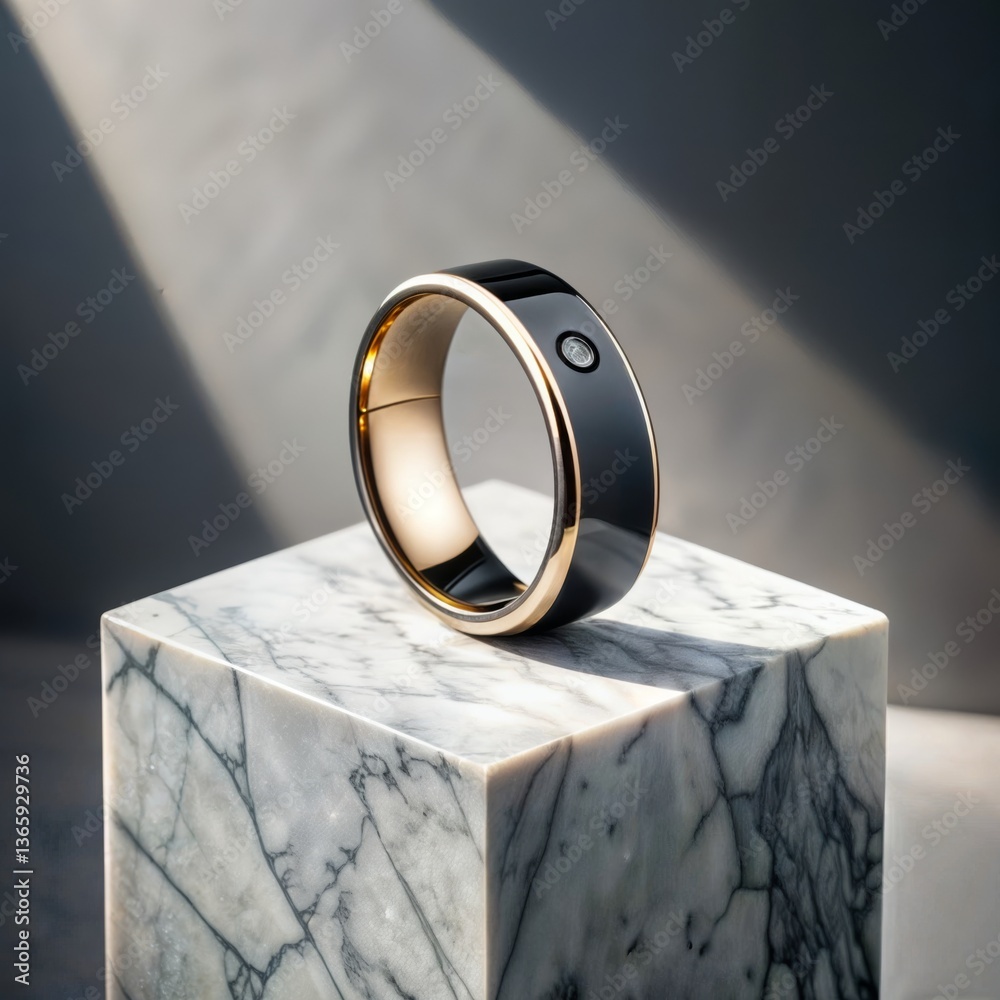 Smart Wearable Technology Ring. Elegant black and rose gold smart ring with diamond accent positioned on marble pedestal with dramatic lighting.