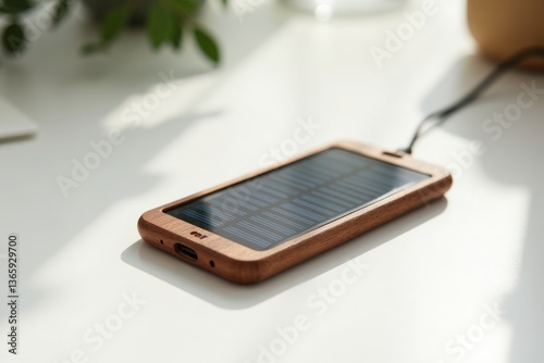 Sustainable Solar Charger. Wooden-framed solar power bank with solar panel, resting on white surface with soft natural lighting and plant leaves in background.