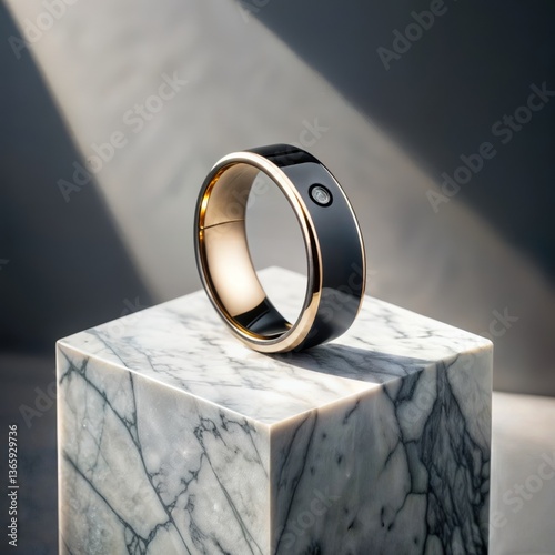 Obraz na płótnie Smart Wearable Technology Ring. Elegant black and rose gold smart ring with diamond accent positioned on marble pedestal with dramatic lighting. w salonie