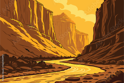 61 Surreal canyon landscape, flowing golden lava river, towering rock formations, dramatic lighting, sunset glow, molten gold texture, winding path, fantasy environment, high contrast, digital art, hy