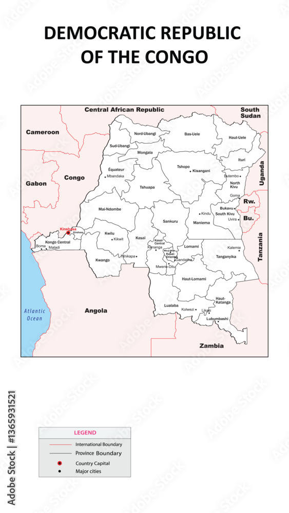 Democratic Republic of the Congo map. Country map of Democratic Republic of the Congo. Administrative map of Democratic Republic of the Congo with Country and capital in white color. Democratic Republic of the Congo map. Country map of Democratic Republic of the Congo. Administrative map of Democratic Republic of the Congo with Country and capital in white color.